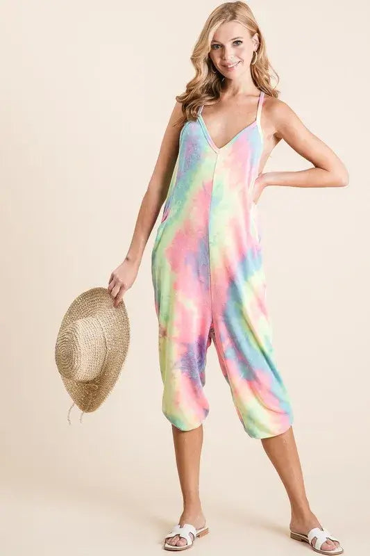 Tie Dye French Terry Mid-Length Casual Jumpsuit - Cute Summer Clothes - In Style Chics Boutique Women's Juniors Apparel Online Ship from USA