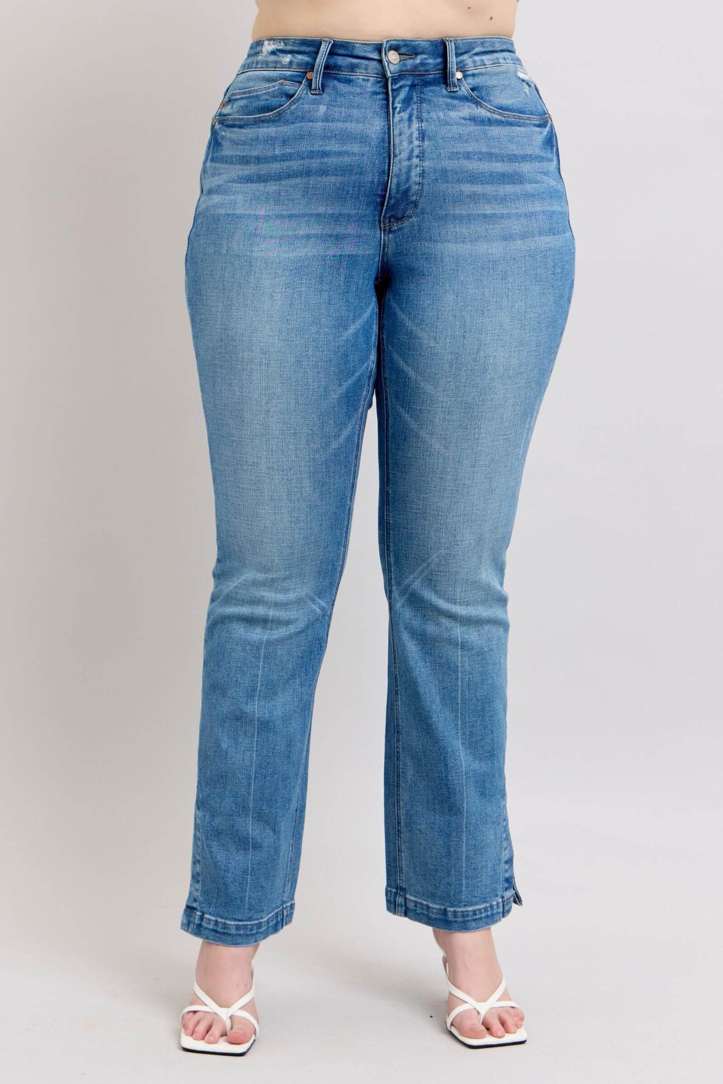 High Waist Tummy Control Vintage Wash Side Slit Slim Boot Jeans - In Style Chics Boutique Online Clothing Women's Juniors Plus Size Apparel