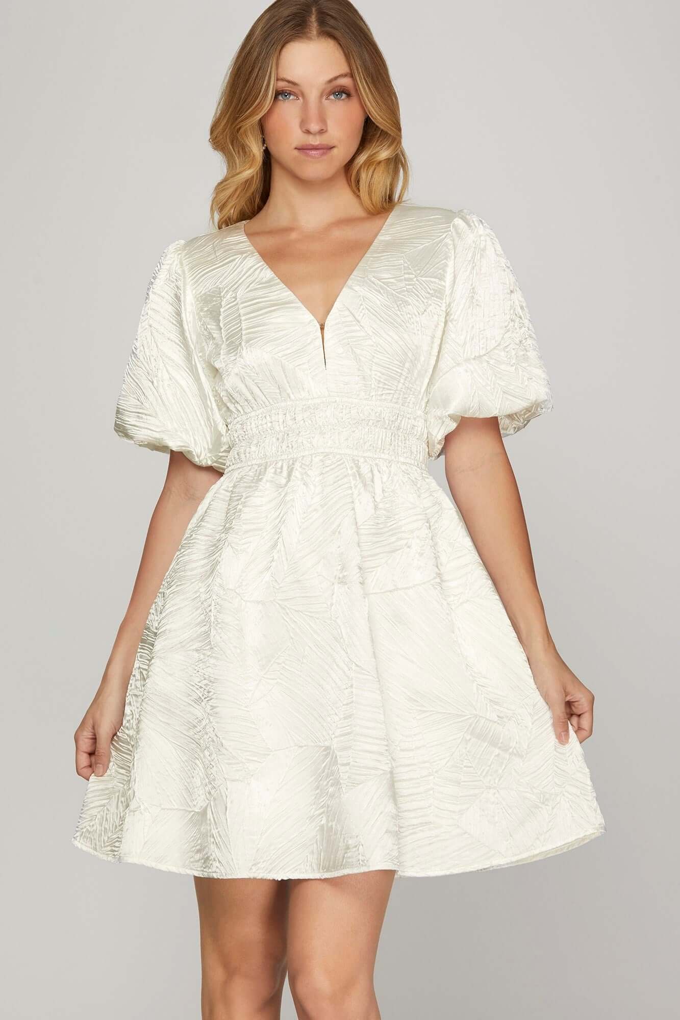 Crinkle Woven V-Neck Balloon Sleeve Mini Dress - In Style Chics Boutique Online Clothing Women's Juniors Plus Size Apparel