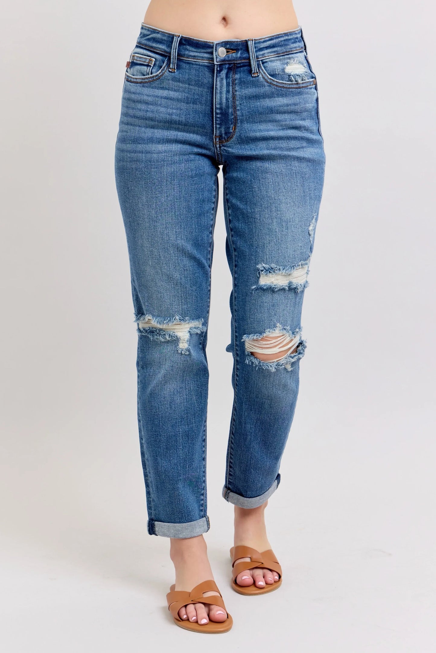 Judy Blue Medium Rise Vintage Wash Distressed Boyfriend Jeans - In Style Chics Boutique Women's Juniors Plus Size Clothes Online
