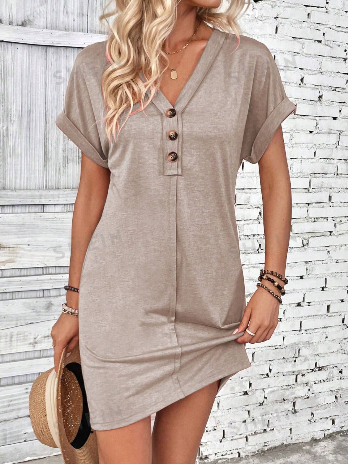 Quarter Button V-Neck Short Sleeve Dress - More Colors! - In Style Chics Boutique LLC