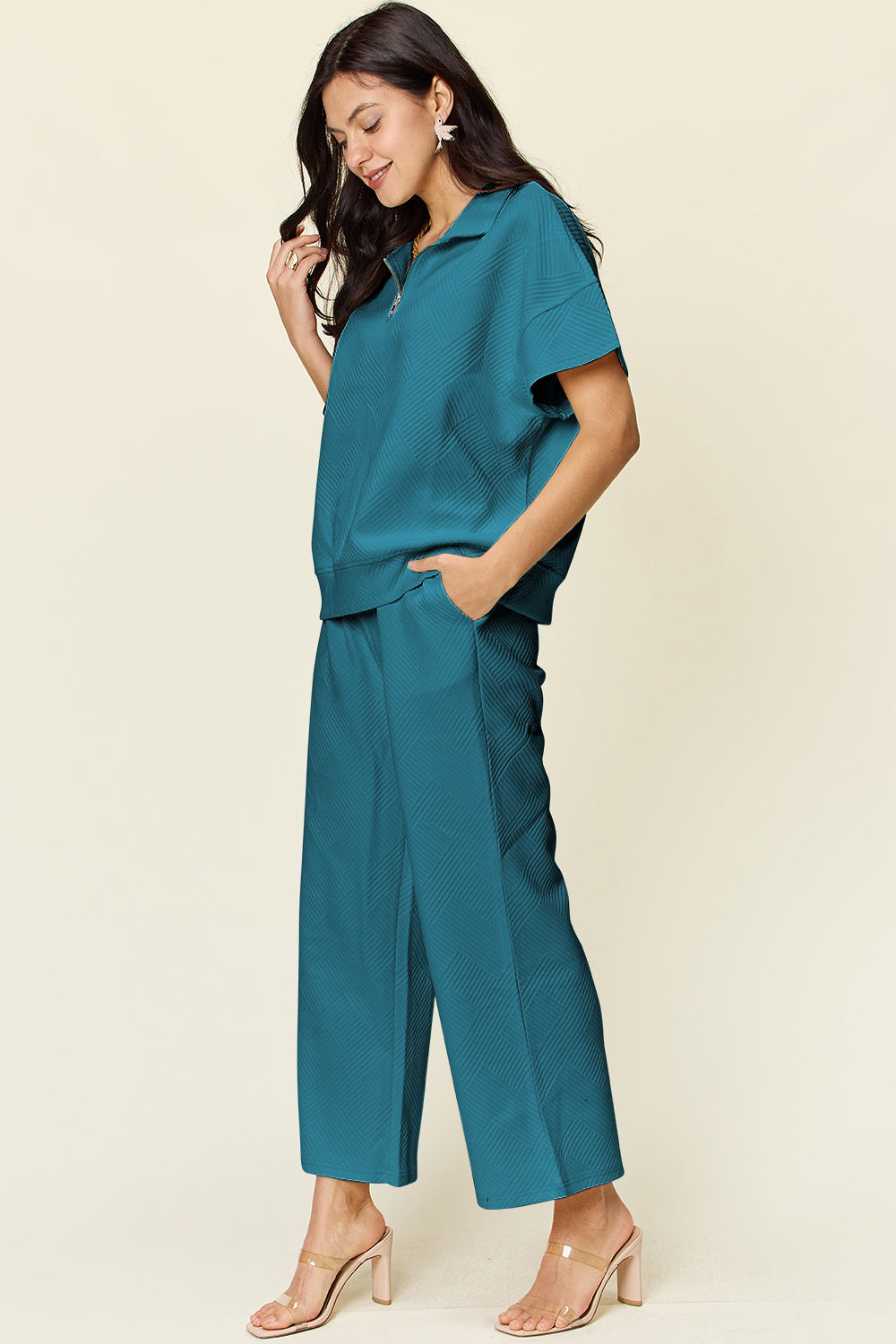 Double Take Texture Half Zip Short Sleeve Top & Pants Set- More Colors! - In Style Chics Boutique LLC