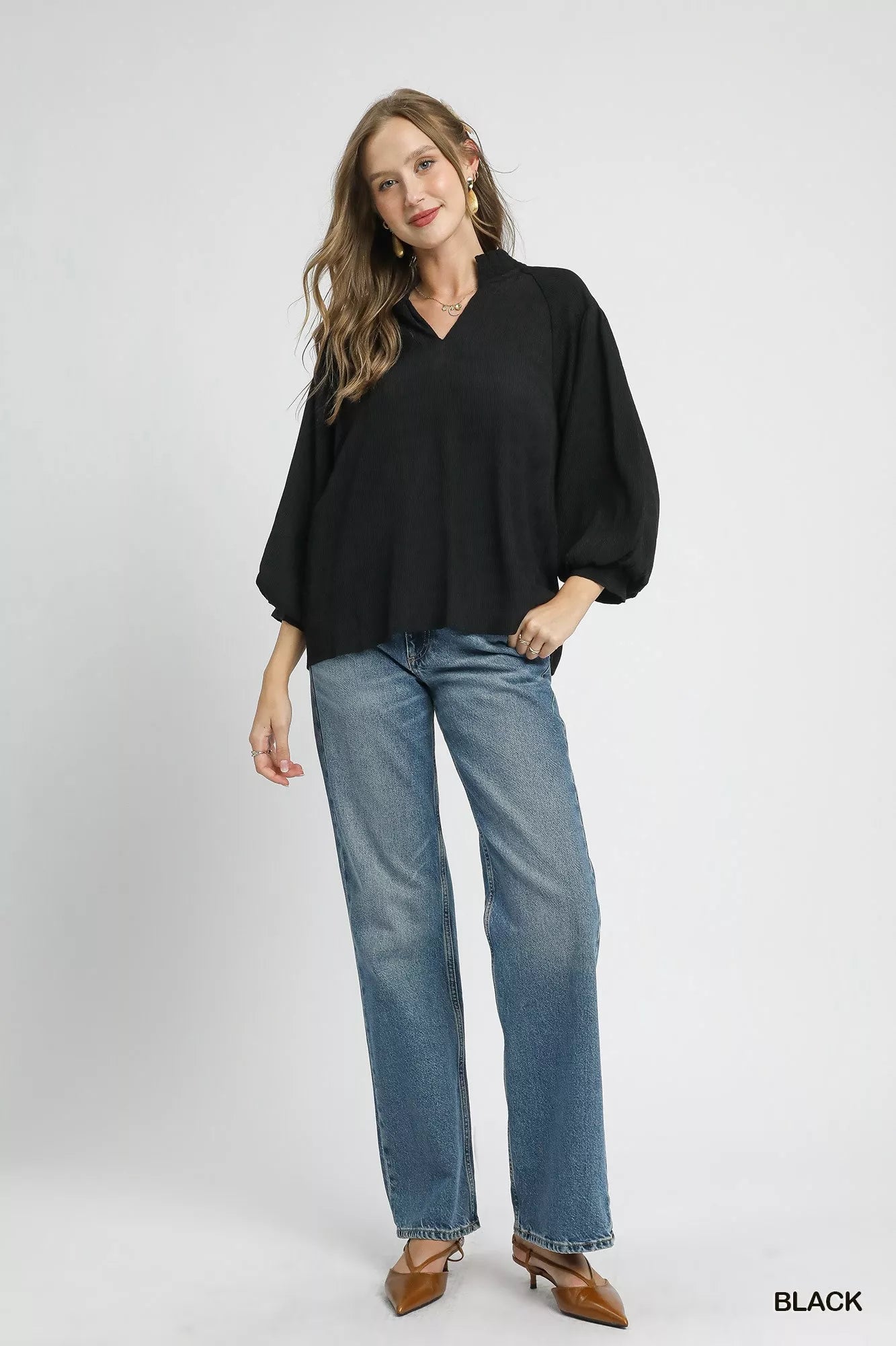 Textured V-Neck Black Blouse with Balloon Sleeves at In Style Chics Boutique