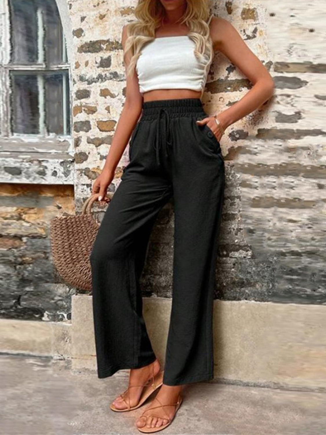 Tied High Waist Wide Leg Pants with Pockets - In Style Chics Boutique LLC