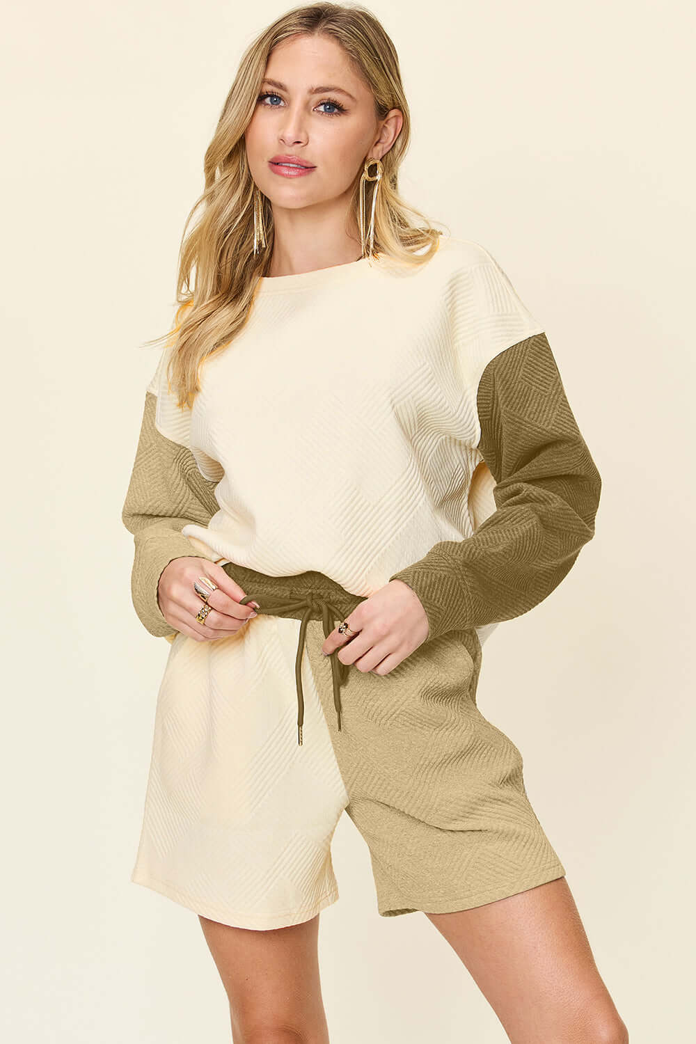 Double Take Full Size Contrast Drop Shoulder Top and Shorts Set - In Style Chics Boutique LLC