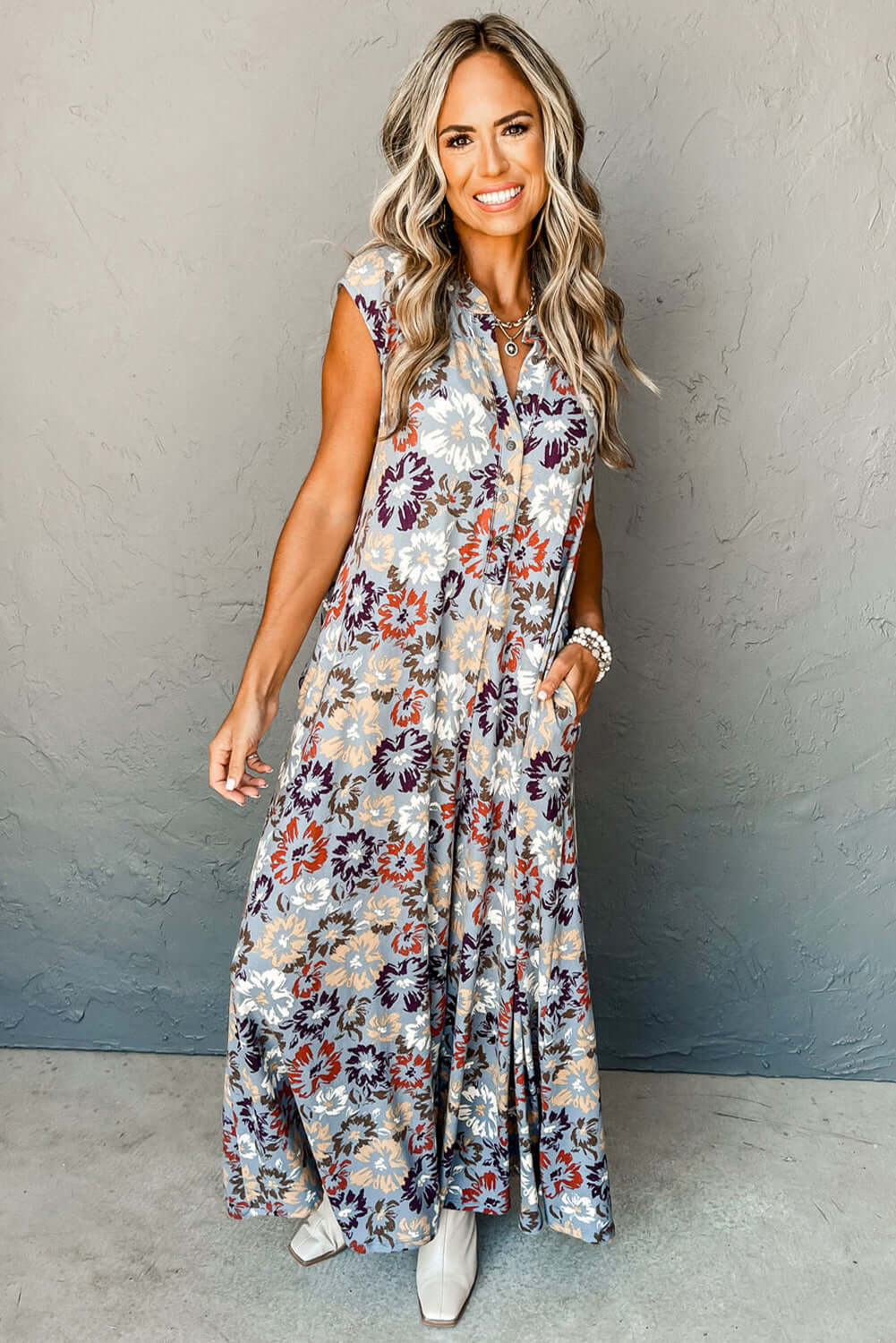 Sky Blue Floral Sleeveless Pocketed Wide Leg Jumpsuit - Cute Clothes for Spring - In Style Chics Boutique Online Women's Juniors Apparel