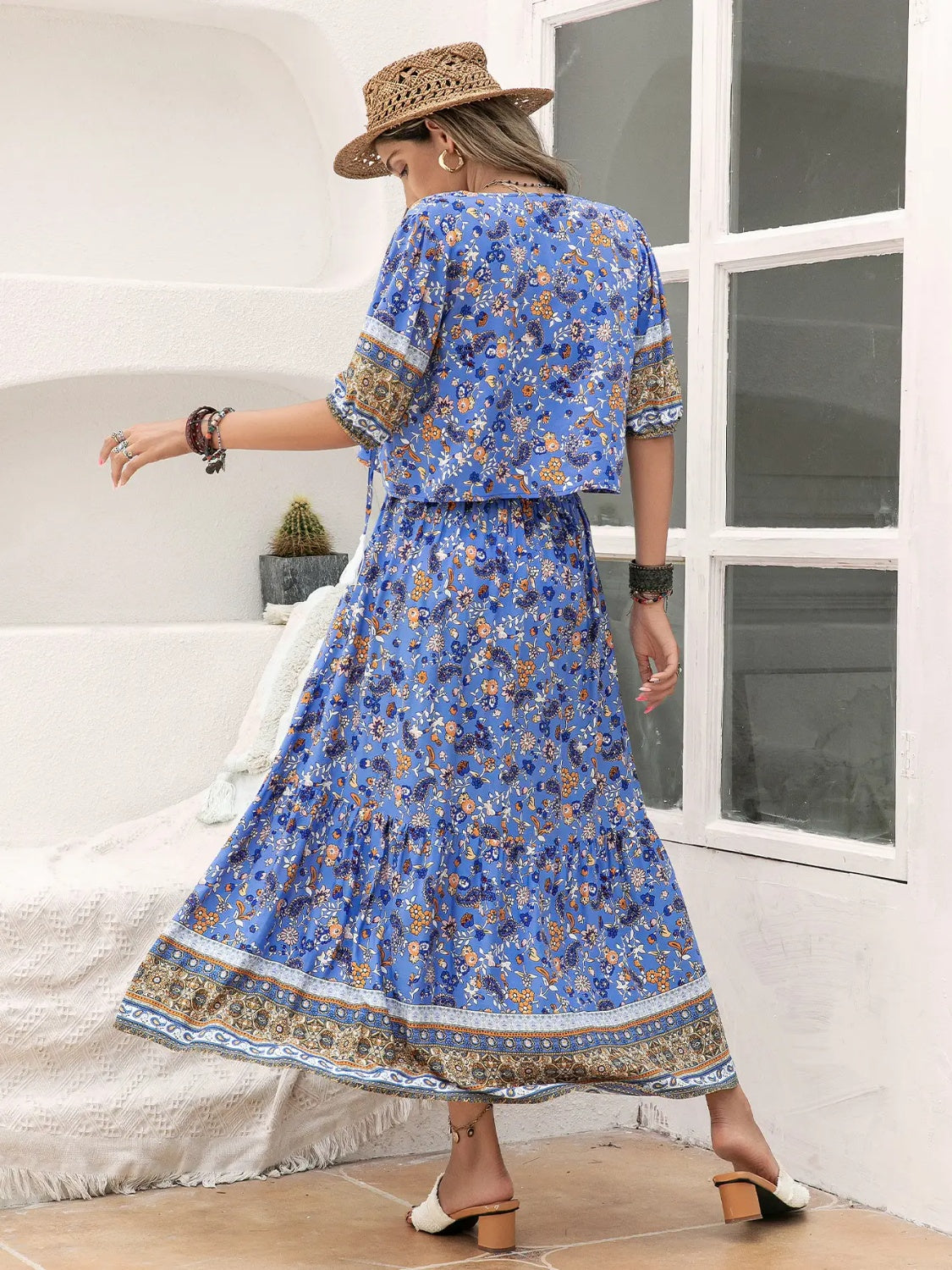 Ditsy Floral Tie Neck Top and Slit Skirt Set - In Style Chics Boutique LLC