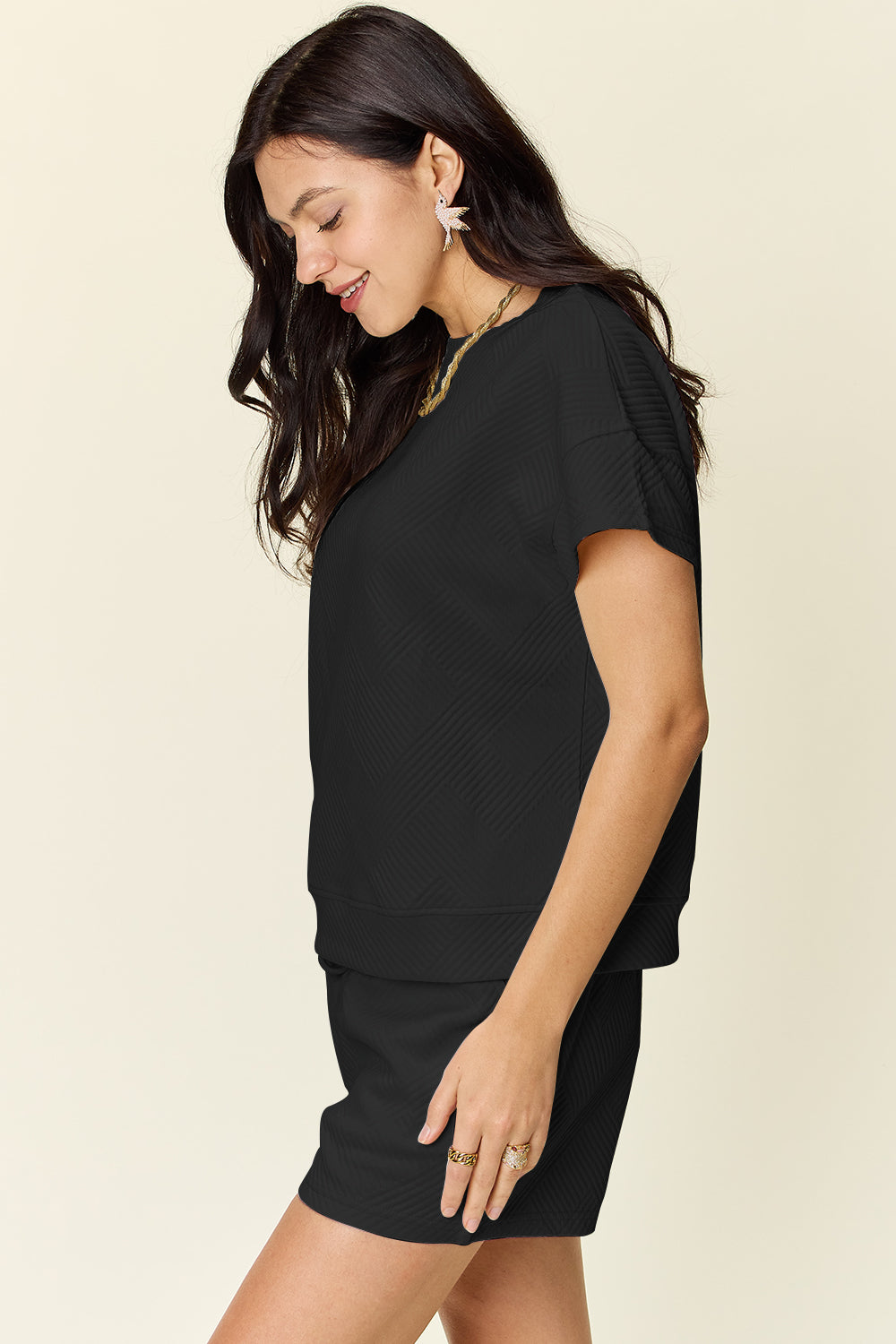 Double Take Texture Short Sleeve T-Shirt and Drawstring Shorts Set - In Style Chics Boutique LLC