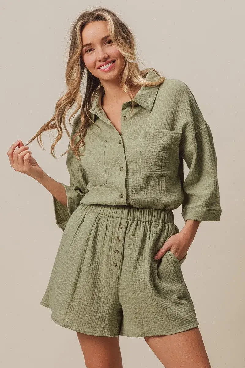 Crinkle Gauze Shirt and Short Set - In Style Chics Boutique