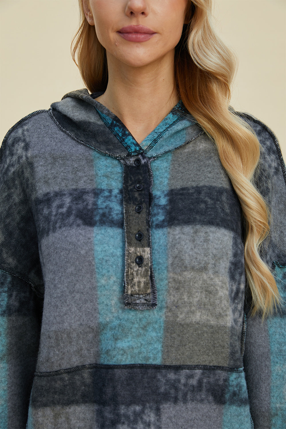 Double Take Full Size Plaid Dropped Shoulder Fleece Hoodie - In Style Chics Boutique LLC