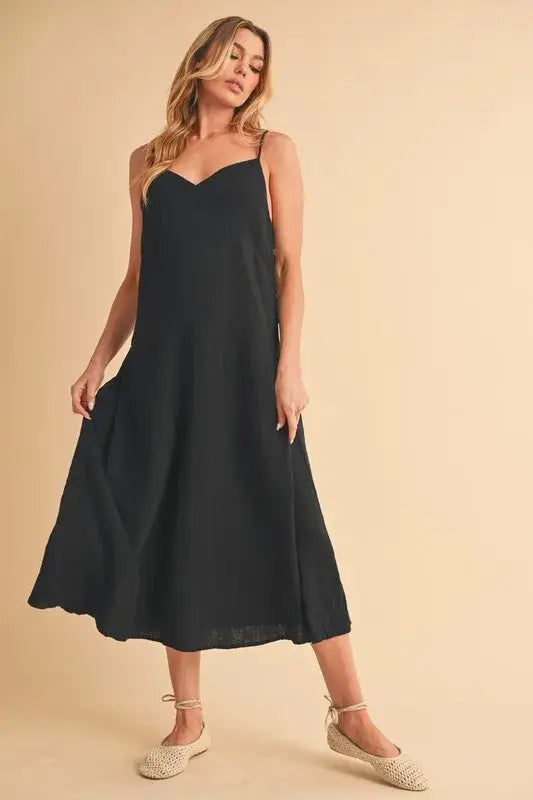 Side Button Midi Black Cami Dress - In Style Chics Boutique Women's Juniors Apparel Online