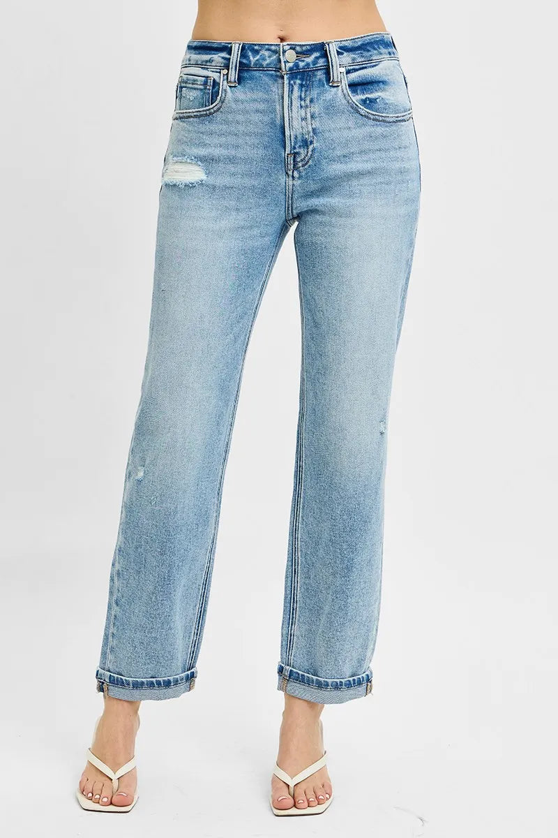 RISEN Boyfriend Jeans, High Rise Ankle Distressed - In Style Chics Boutique Quality Denim Online