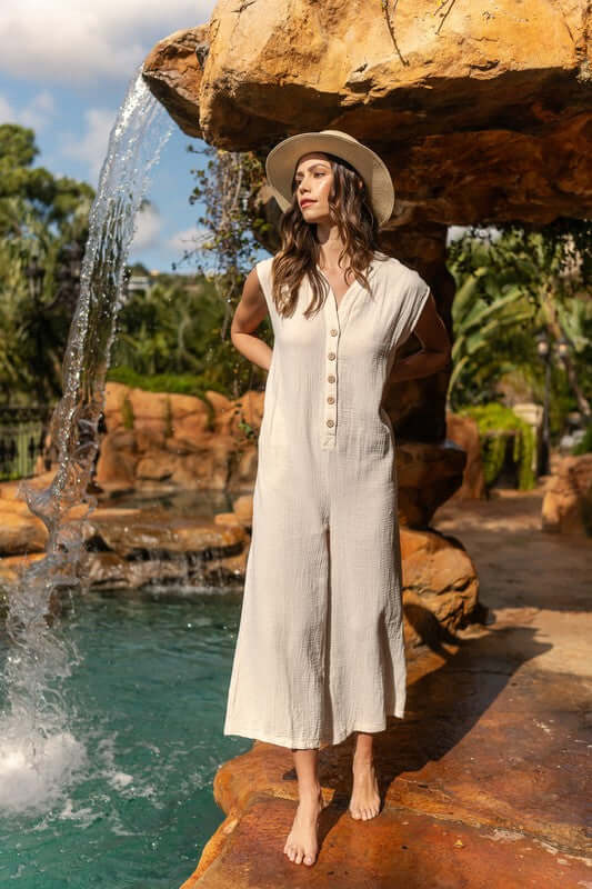 Annie Wear Button Detail Wide Leg Jumpsuit with Pockets - In Style Chics Boutique LLC