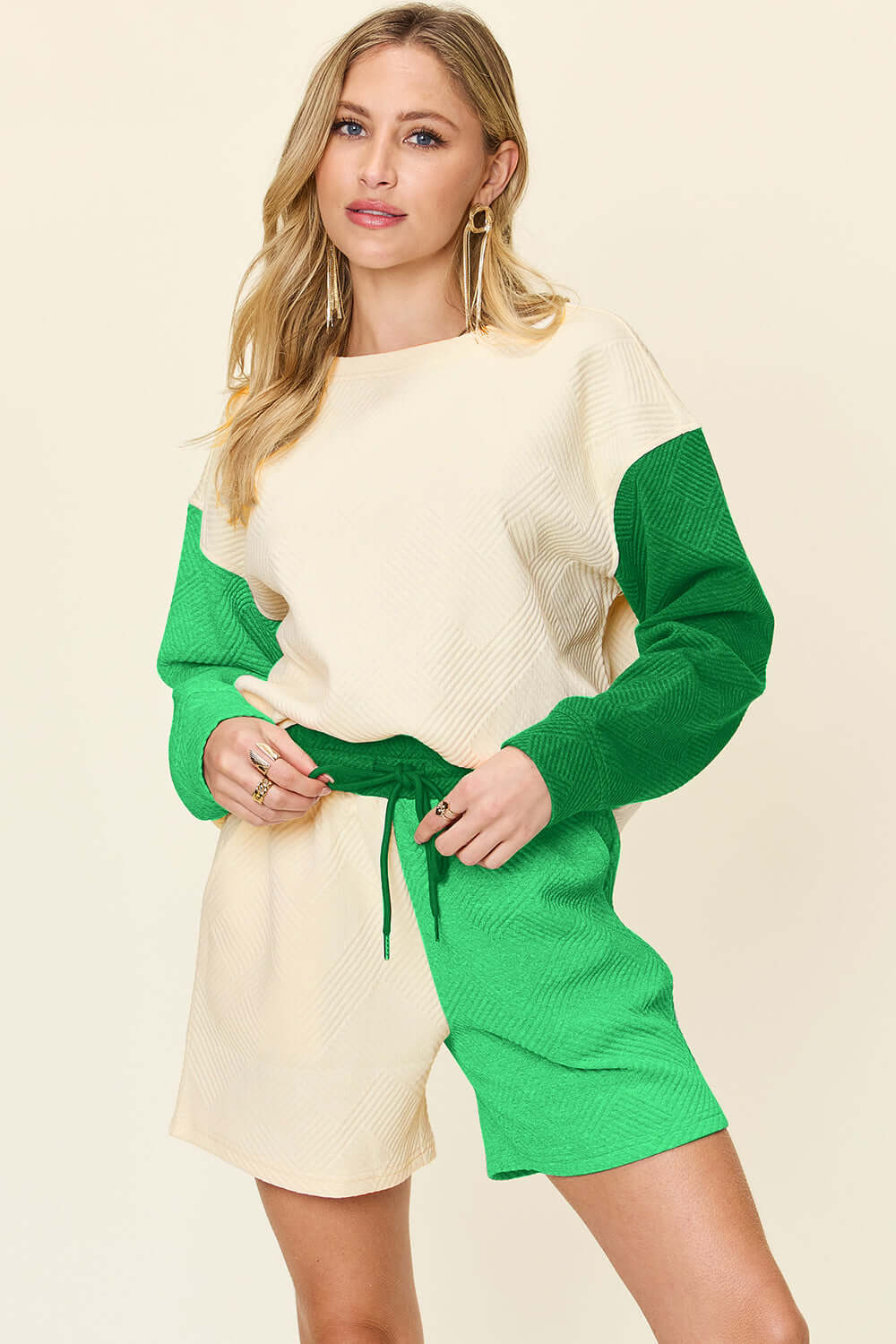 Double Take Full Size Contrast Drop Shoulder Top and Shorts Set - In Style Chics Boutique LLC