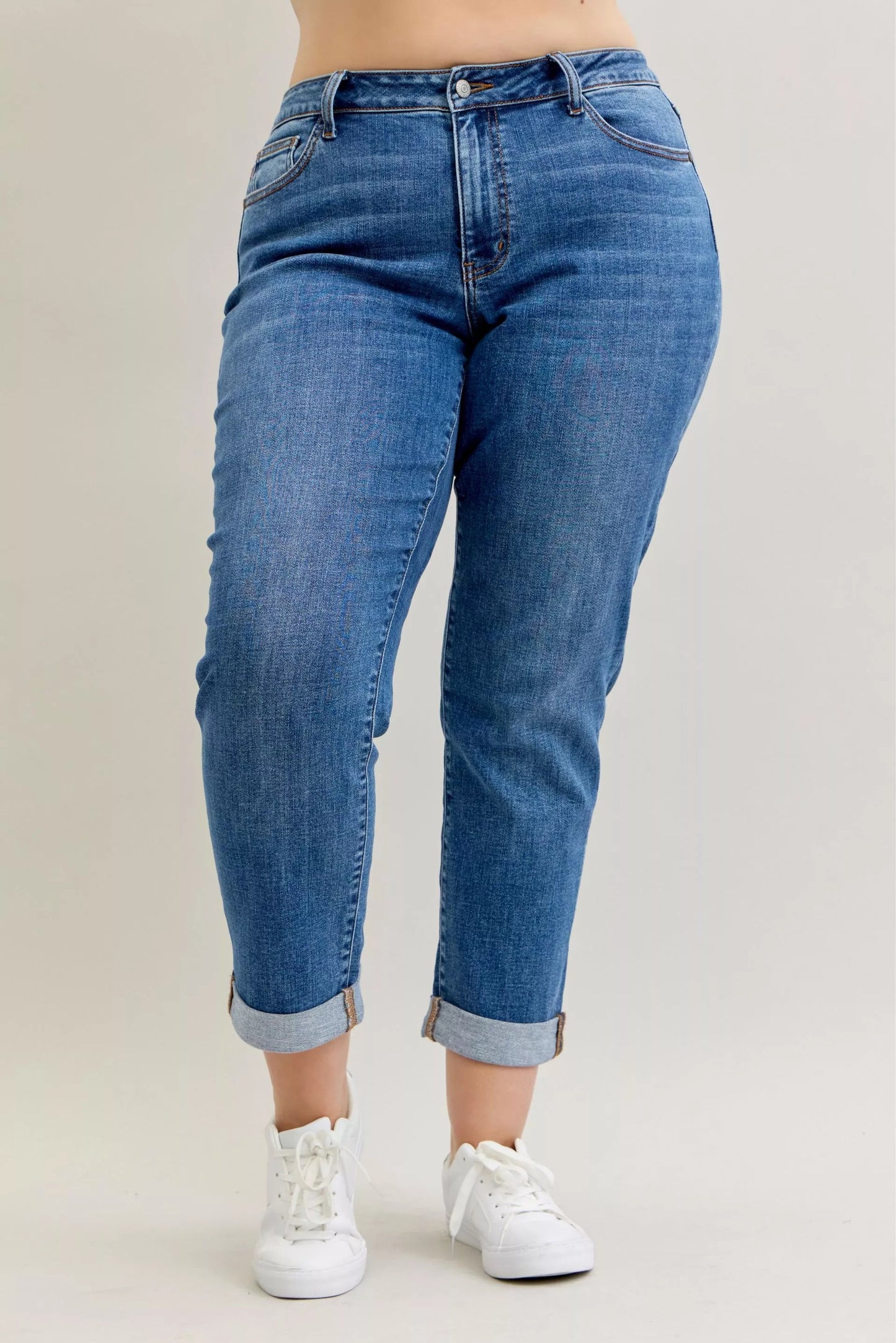 Judy Blue Mid Rise Boyfriend. Classic Cuffed Jeans at In Style Chics Boutique plus size jeans