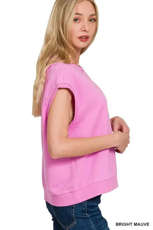 French Terry Round Neck Cap Sleeve T-Shirt