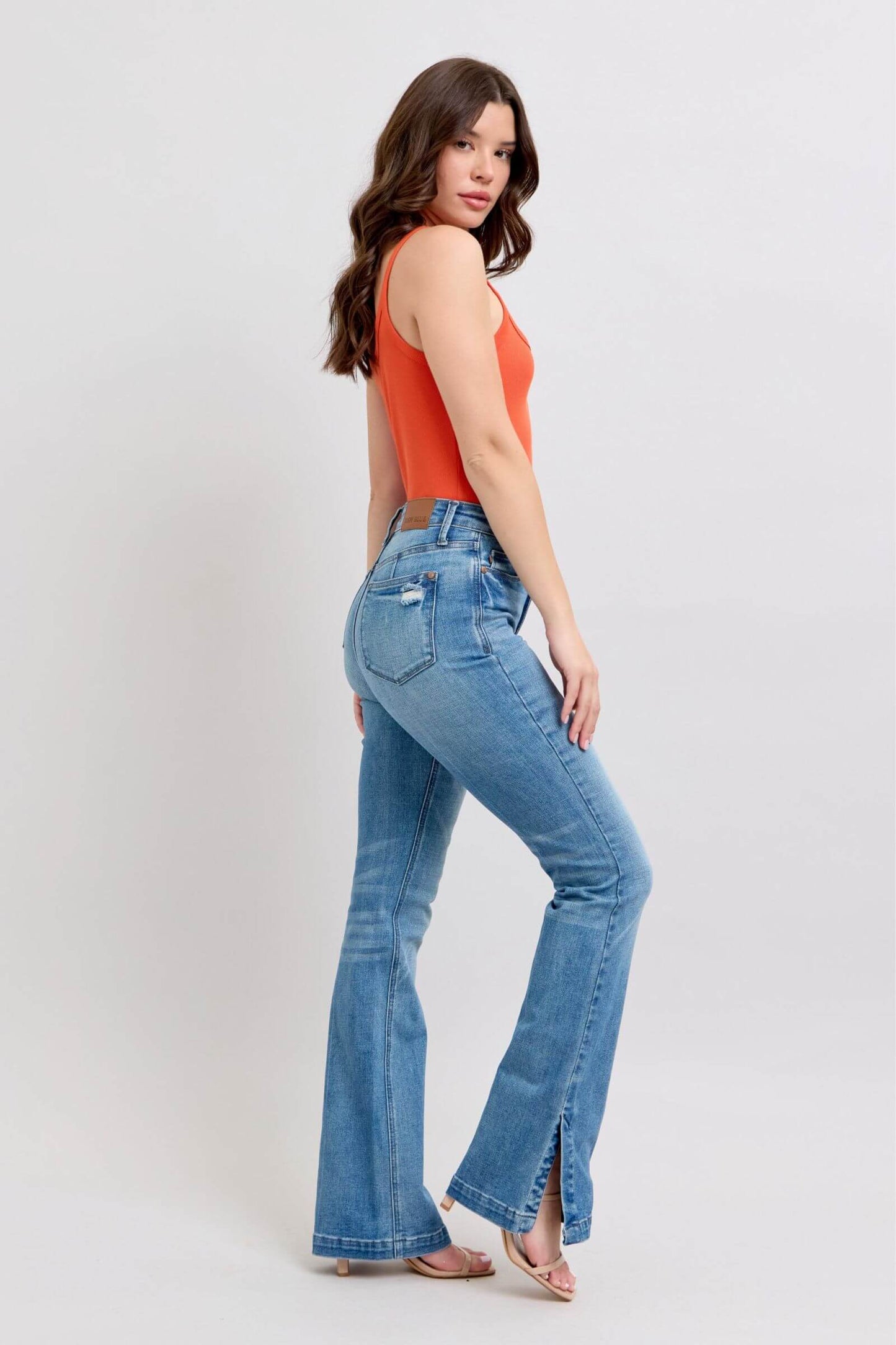High Waist Tummy Control Vintage Wash Side Slit Slim Boot Jeans - In Style Chics Boutique Online Clothing Women's Juniors Plus Size Apparel