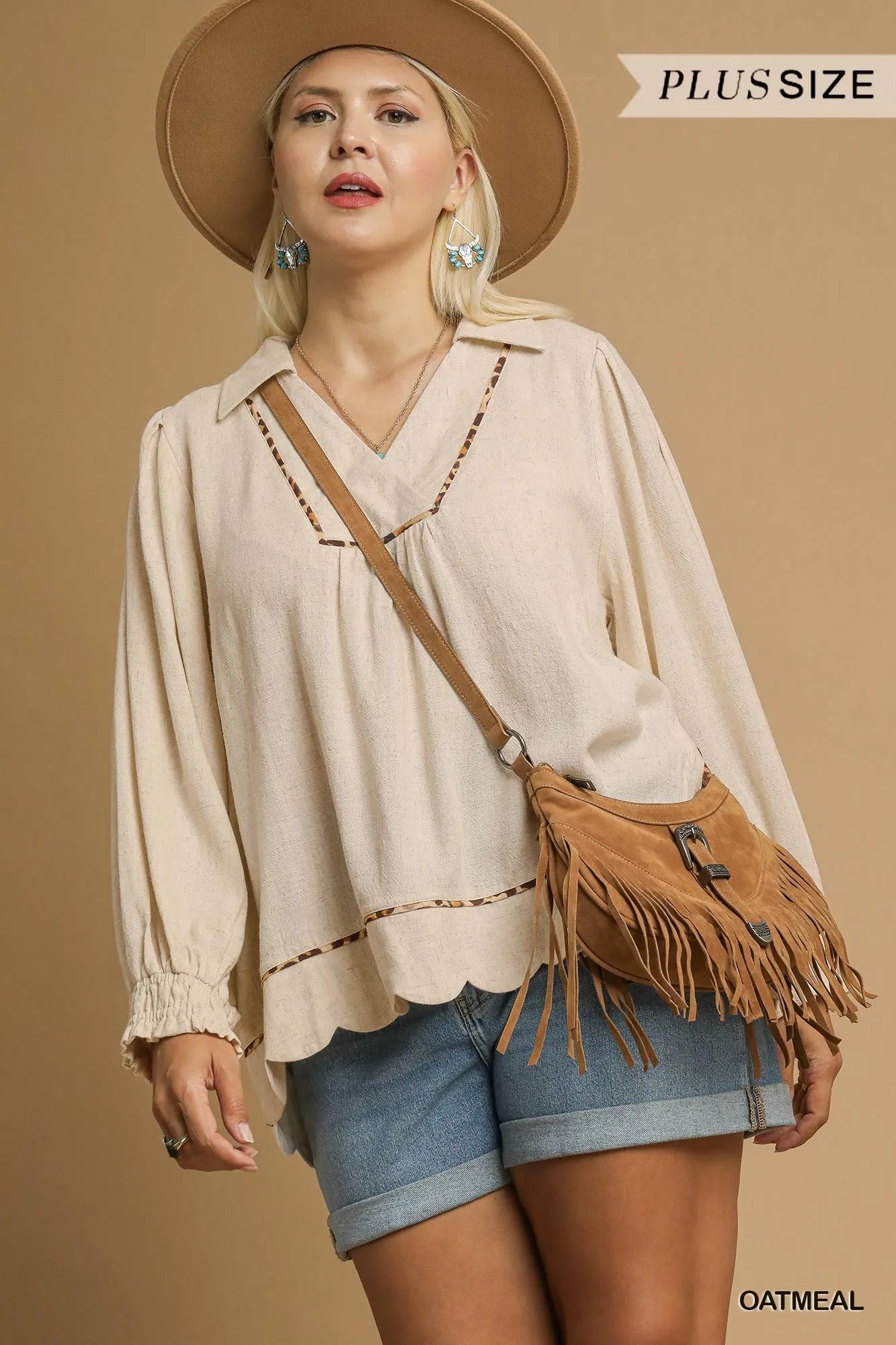 Linen Scallop Hem Blouse with Contrast Trim at In Style Chics Boutique