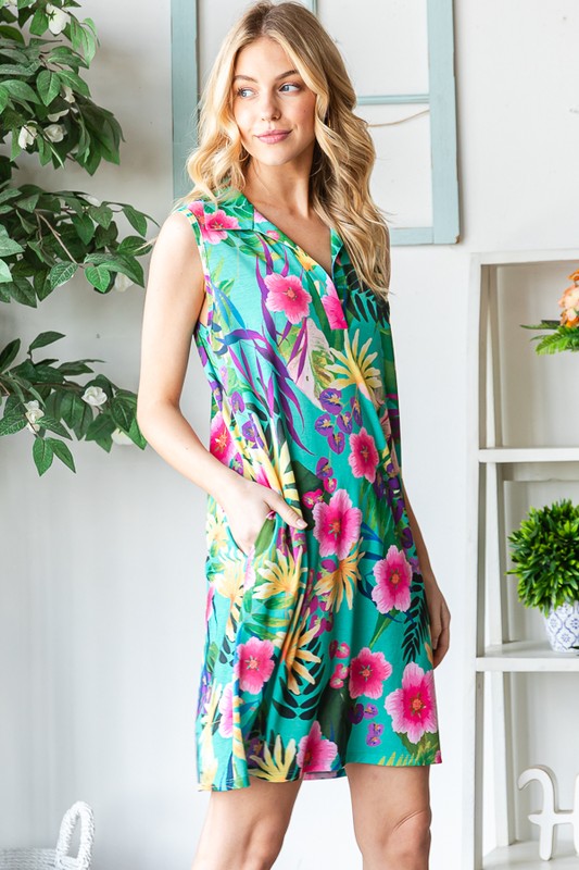 Floral Johnny Collar Sleeveless Dress - In Style Chics Boutique Online Clothing Women's Juniors Plus Size