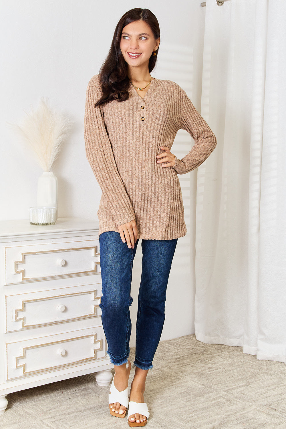 Notched Neck Ribbed Long Sleeve T-Shirt - In Style Chics Boutique Online Clothing Women's Juniors Plus Size