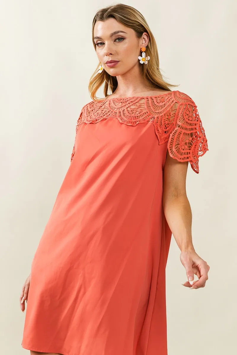 Crochet Lace Yoke Detailed Wrinkled Dress - In Style Chics Boutique Women's Juniors Clothes