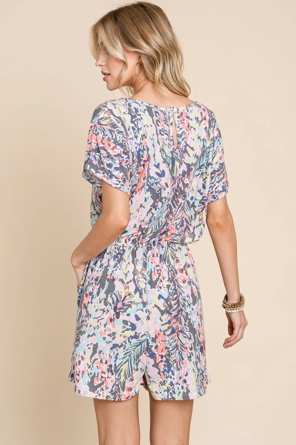 Printed Short Sleeve Drawstring Romper - In Style Chics Boutique Online Fashion