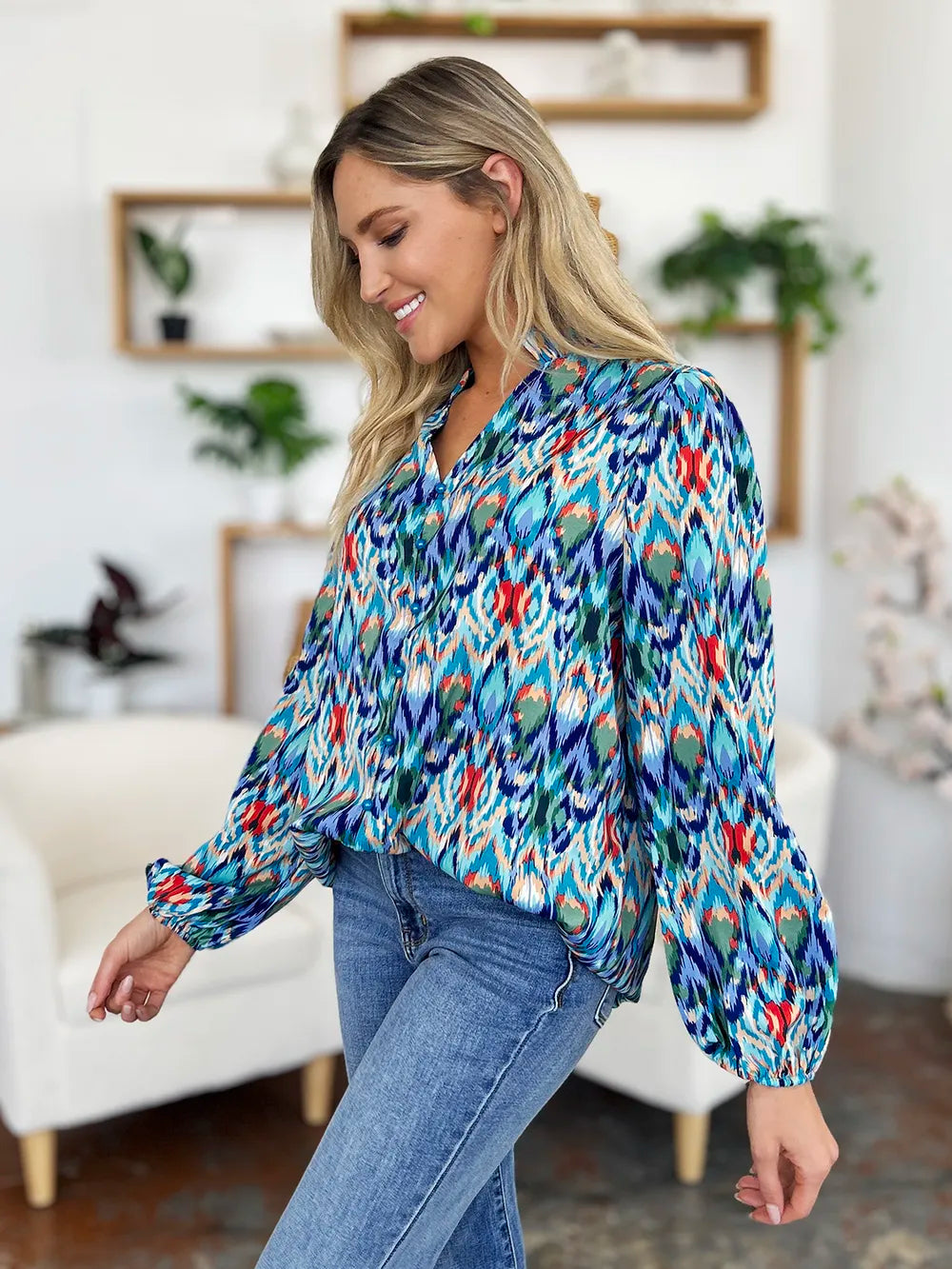 Printed Balloon Sleeve Blouse 💙 Shop Deals at In Style Chics Boutique