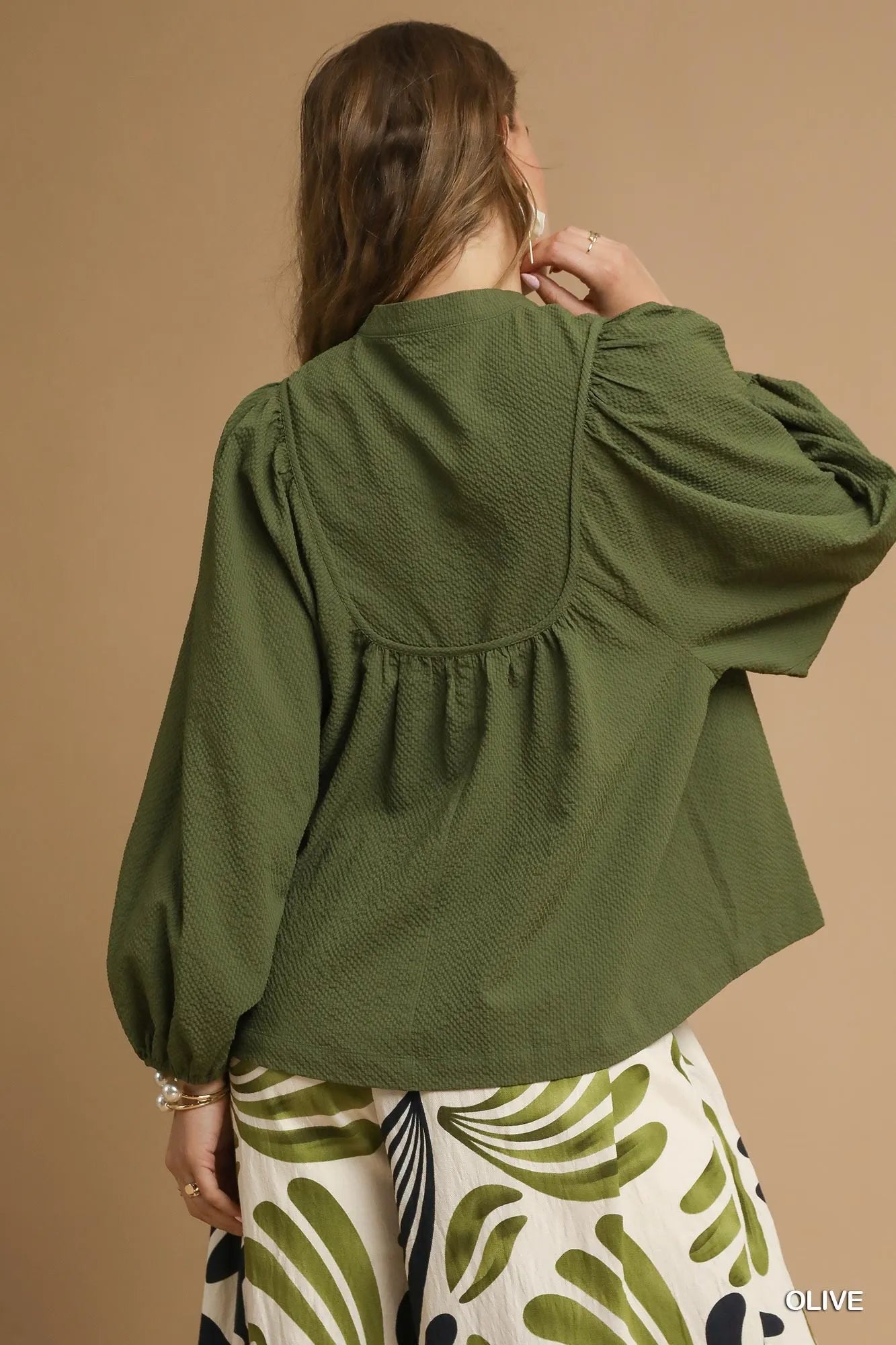 Textured Notched Blouse with Balloon Sleeves at In Style Chics Boutique