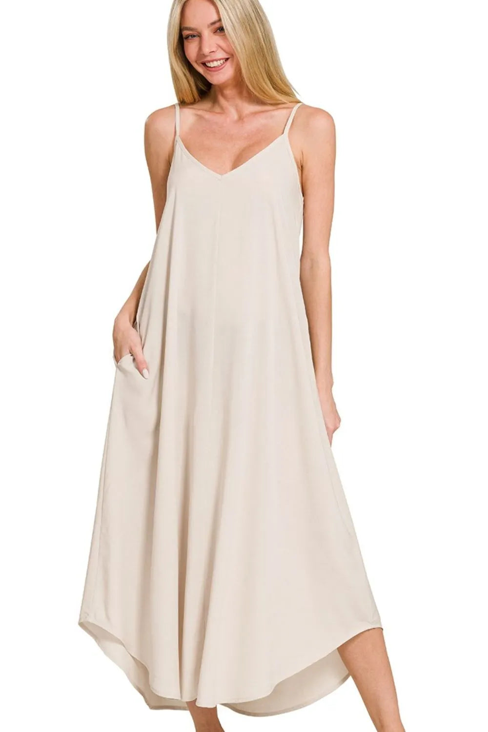 Cami Dress With Flowy Pockets Woven Arc Hem - In Style Chics Boutique Women's Clothes Online