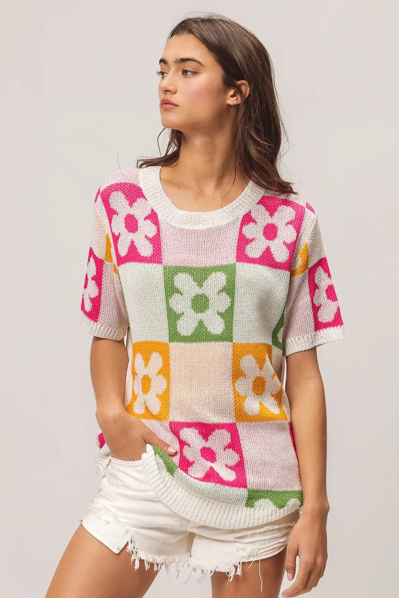 Sweater Top, Flower Checker Pattern Lightweight In Style Chics Boutique Where to buy stylish women’s clothes