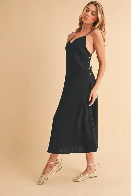 Side Button Midi Black Cami Dress - In Style Chics Boutique Women's Juniors Apparel Online