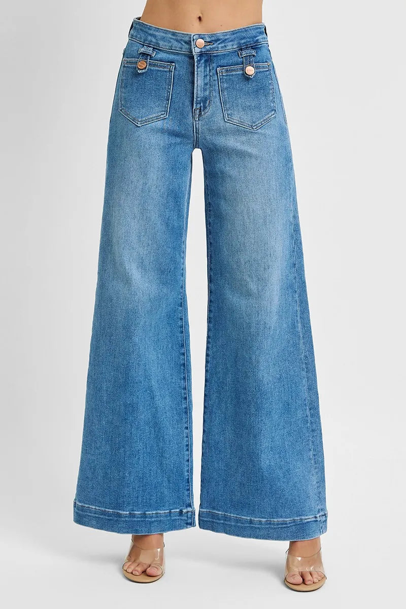 RISEN Mid Rise Wide Leg Front Patch Pocket Jeans at In Style Chics Boutique
