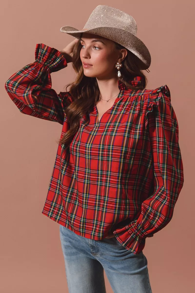 Christmas Checkered Plaid Smocked ♥️ Blouse at In Style Chics Boutique