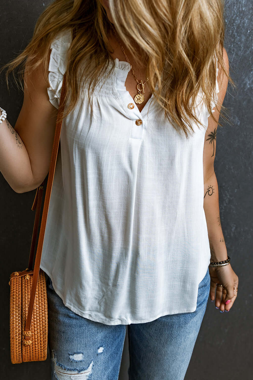 Button Split Neck Frill Trim Sleeveless Shirt - Cute Clothes Online - In Style Chics Boutique Women's Juniors Apparel
