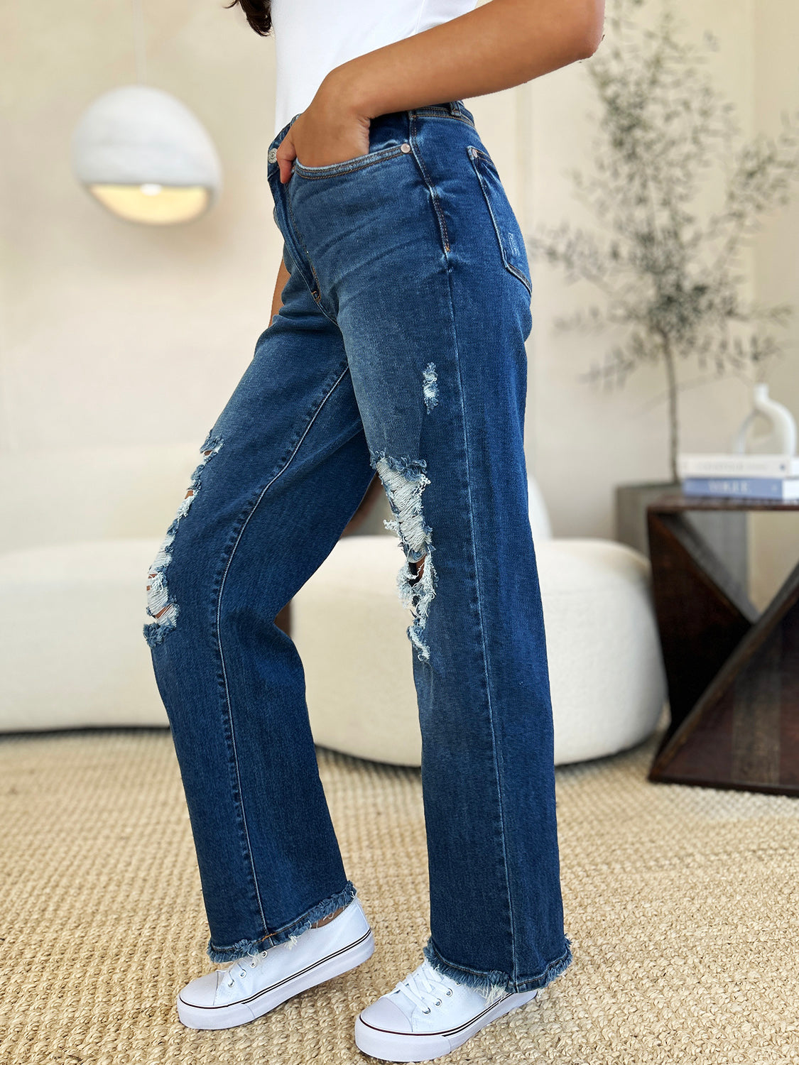 Judy Blue Full Size Mid Rise Distressed Raw Hem Women’s Jeans - In Style Chics Boutique LLC