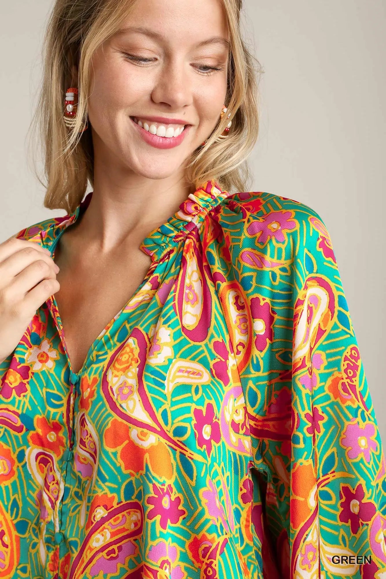 Satin Paisley Ruffle Neck Button-Up Shirt at In Style Chics Boutique