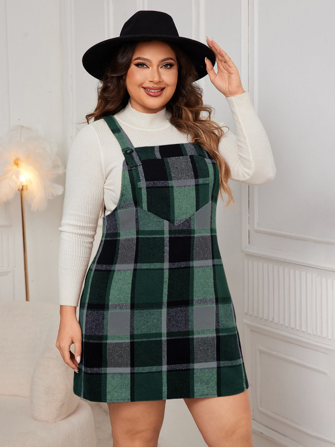 Honey Plus Size Plaid Wide Strap Overall Dress - In Style Chics Boutique LLC