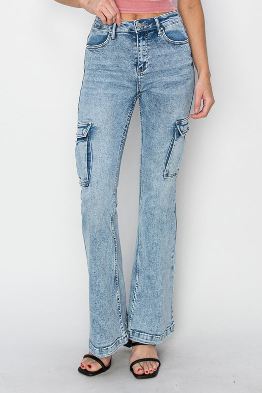 RISEN Full Size High Rise Cargo Flare Jeans - In Style Chics Boutique LLC