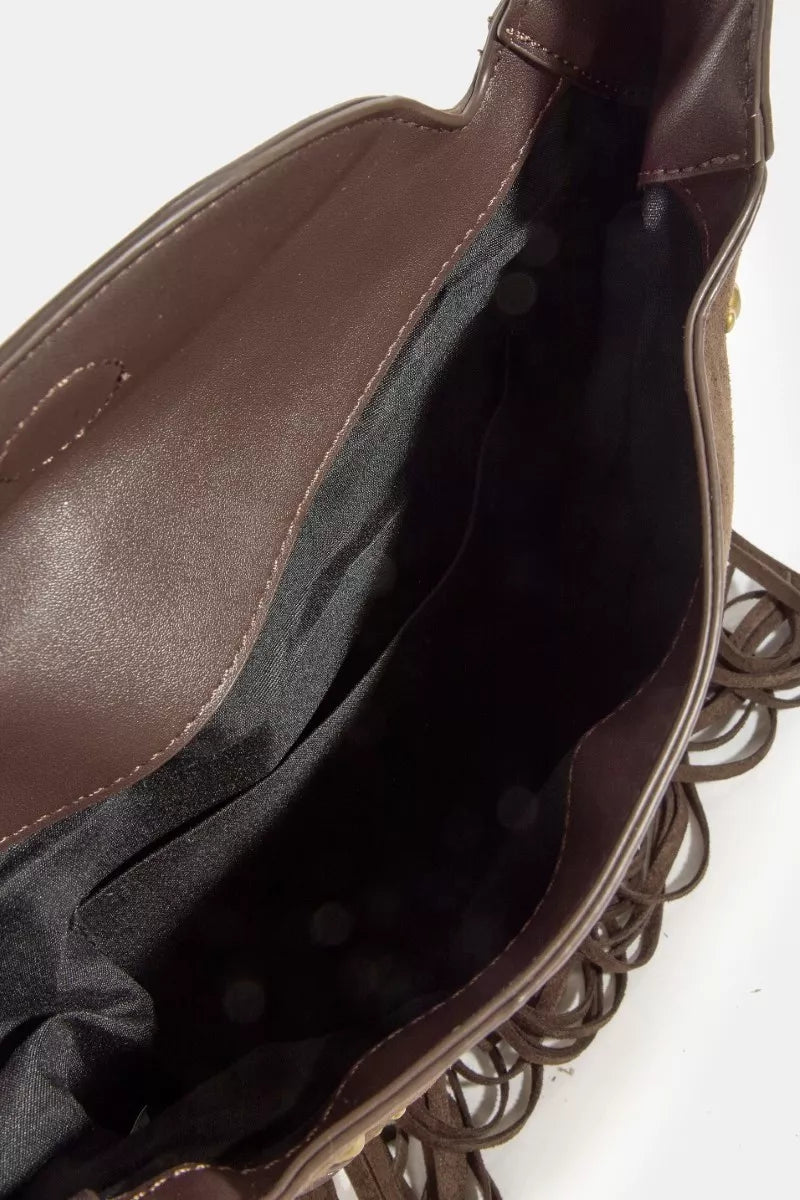 Rivet Trim Suede Fringe Shoulder Bag at In Style Chics Boutique