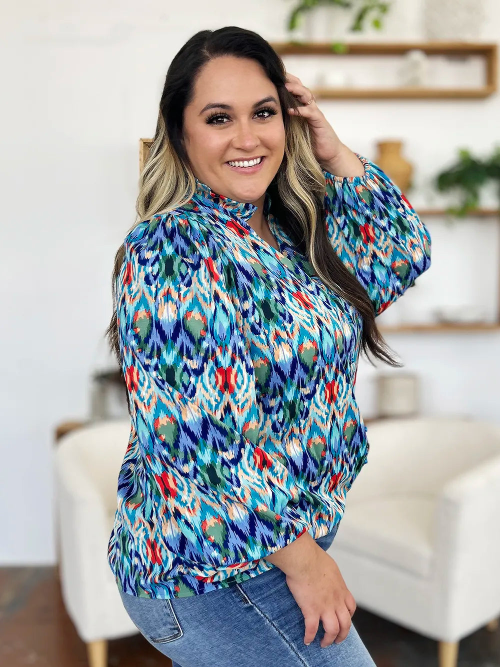 Printed Balloon Sleeve Blouse 💙 Shop Deals at In Style Chics Boutique