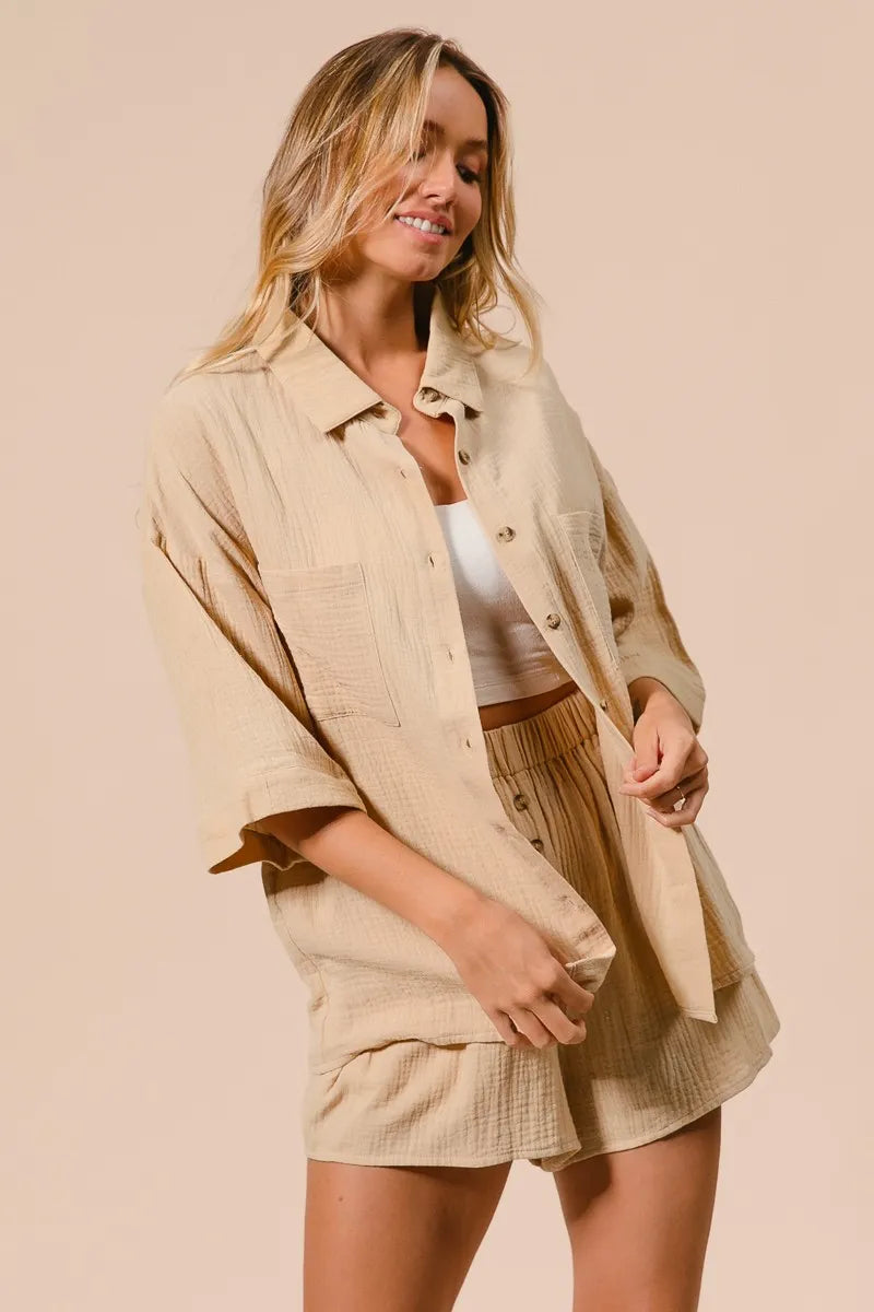Crinkle Gauze Shirt and Short Set For Women - In Style Chics Boutique Women's Juniors Cute Clothes Online