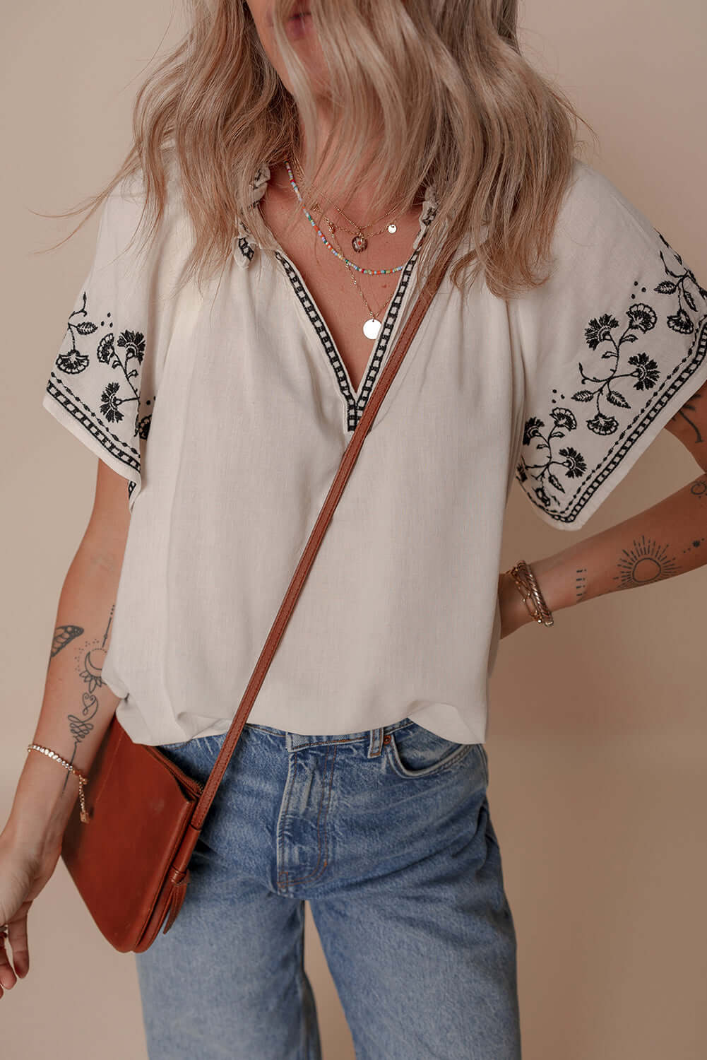 White Floral Embroidered Short Sleeve V Neck Blouse - Cute Clothes Online - In Style Chics Boutique Women's Juniors Apparel