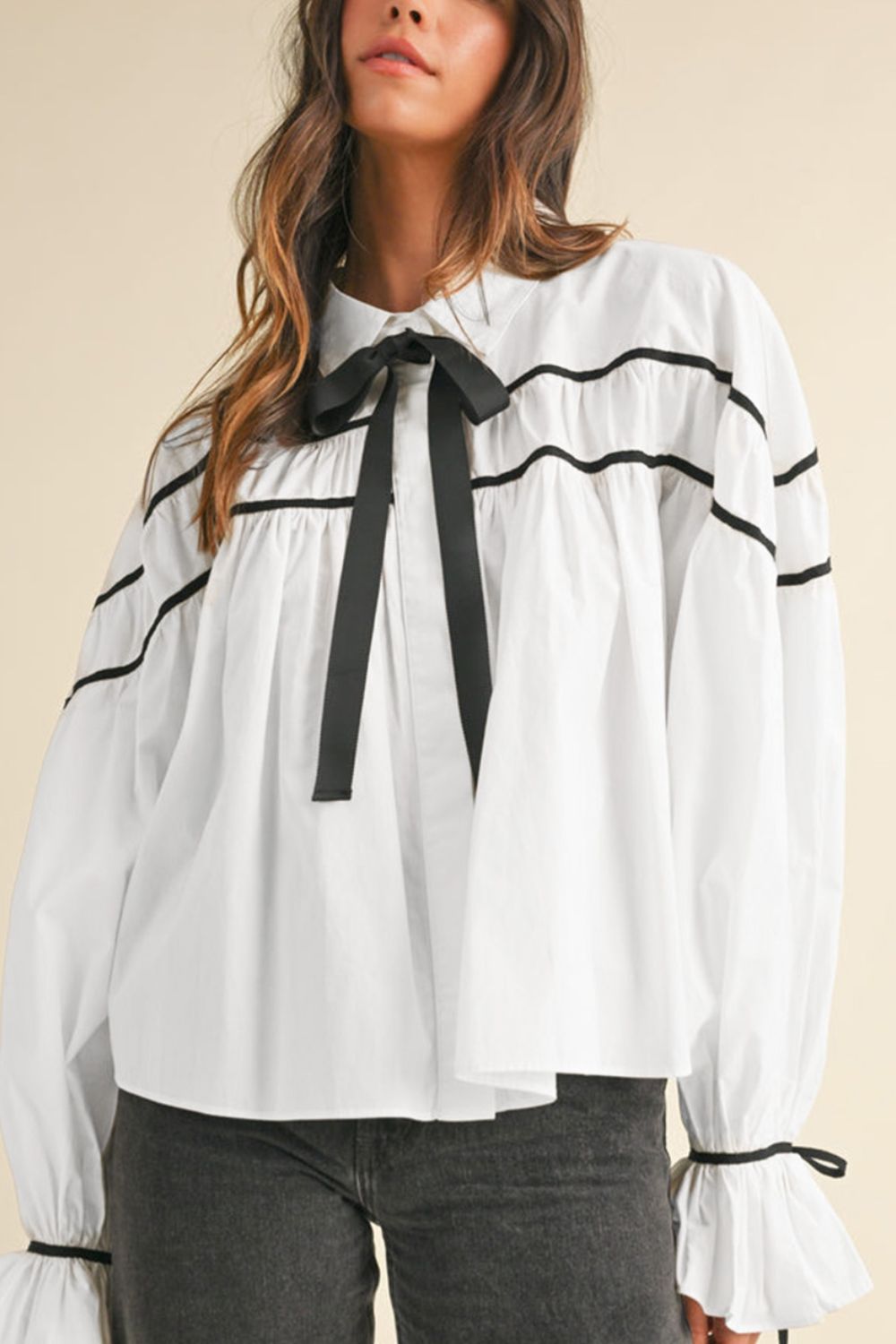 Ribbon Bowtie Collared Neck Flounce Sleeve Shirt - In Style Chics Boutique LLC