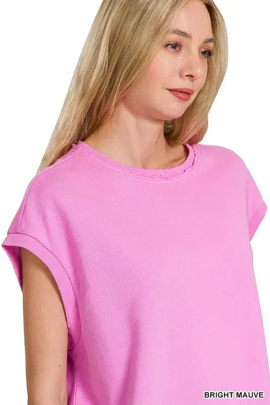French Terry Round Neck Cap Sleeve T-Shirt