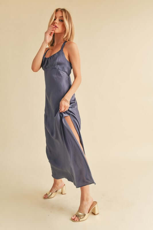 Aemi + Co Ruched Side Slit Cutout Back Maxi Cami Dress - In Style Chics Boutique Online Clothing Women's Juniors Apparel