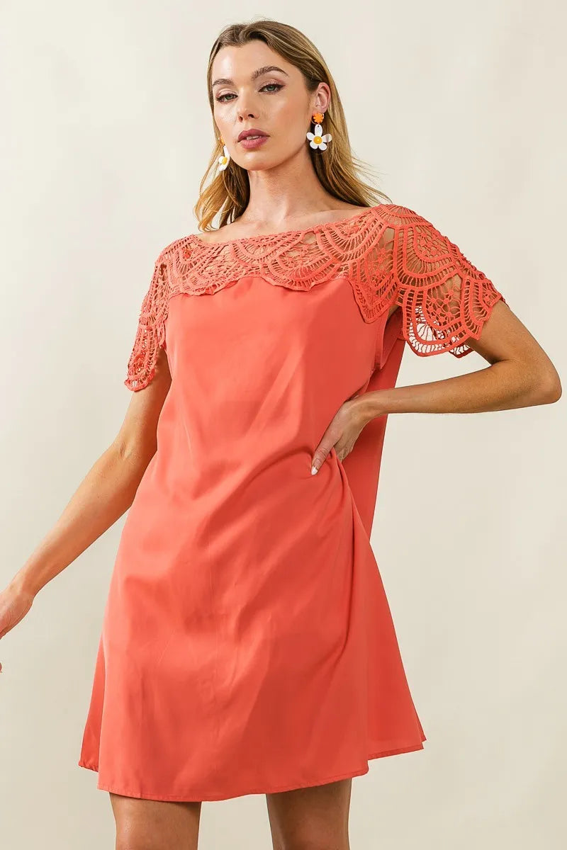 Crochet Lace Yoke Detailed Wrinkled Dress - In Style Chics Boutique Women's Juniors Clothes