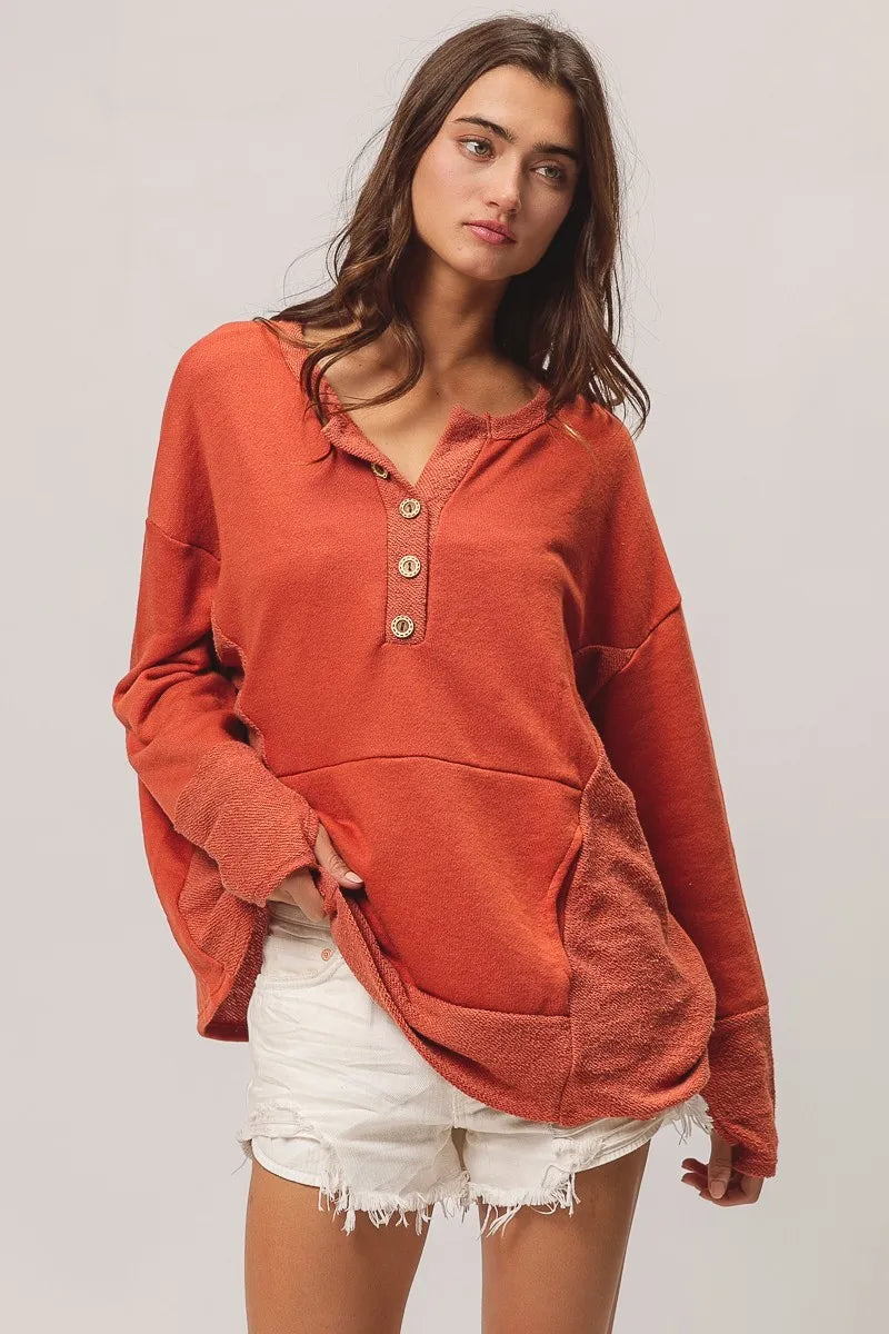French Terry Knit Side Block Buttoned Henley Top at In Style Chics Boutique
