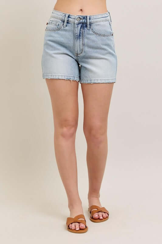 Judy Blue Frayed Hem High Rise Denim Shorts with Pockets - In Style Chics Boutique Women's Juniors Plus Size Apparel Online