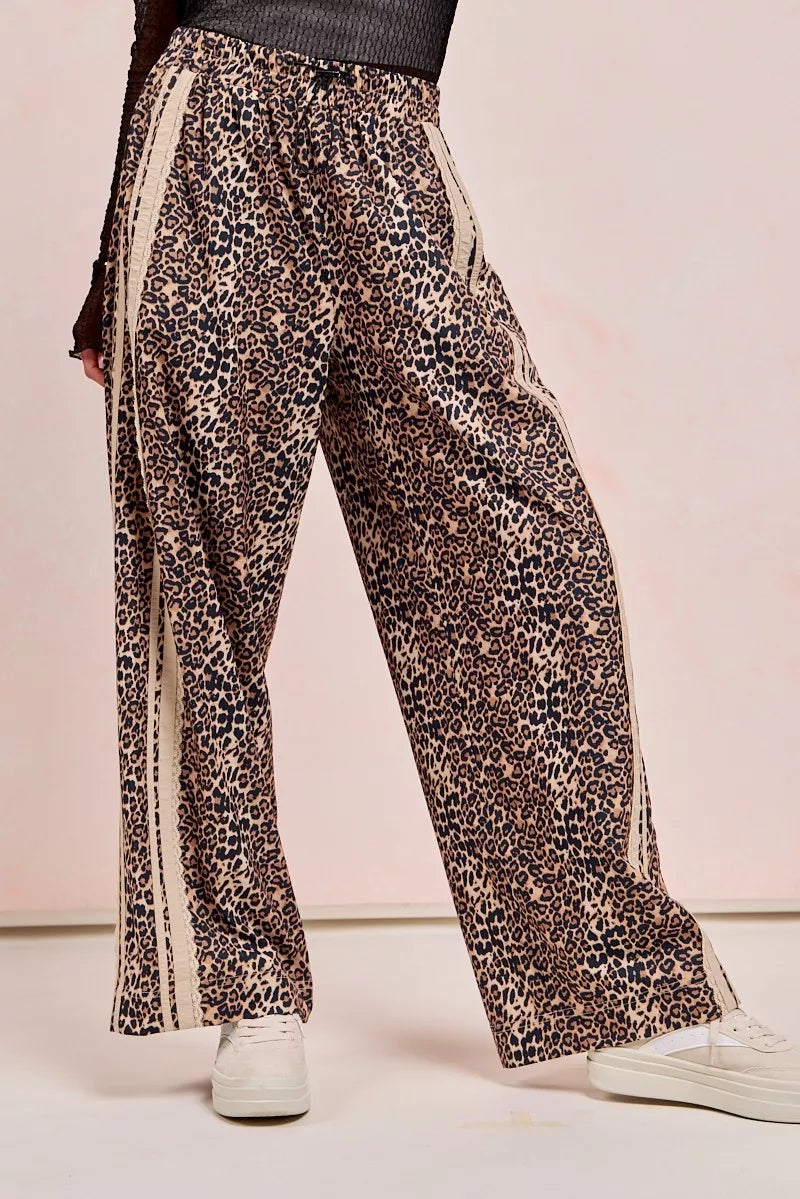 Leopard Printed Track Pants with Side Contrast Lace at In Style Chics Boutique