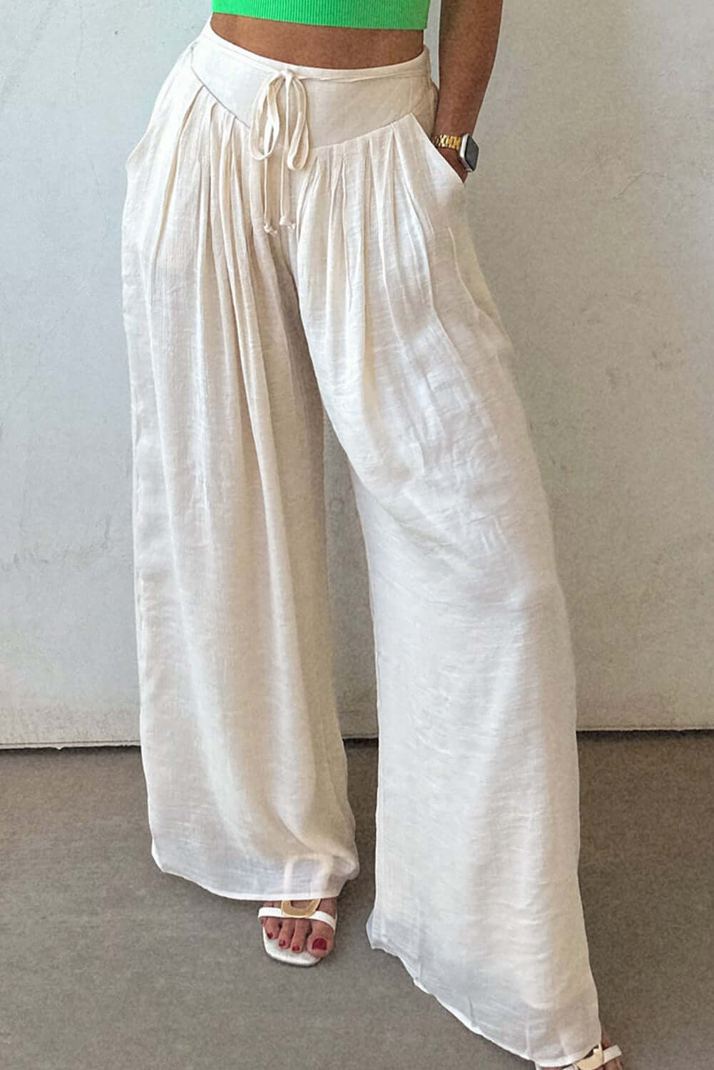 Women's Juniors White Casual Tie Waist Pleated Wide Leg Pants - Cute Clothes for Spring - In Style Chics Boutique Online Apparel